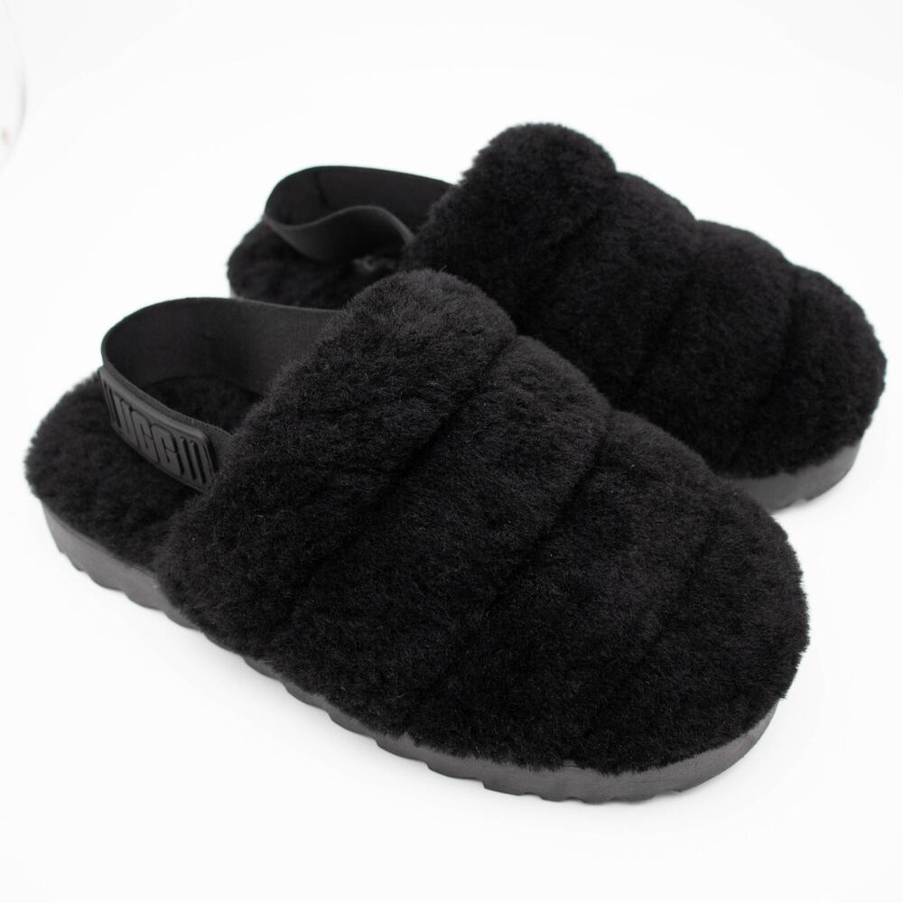 UGG Australia Womens SIZE 7 Super Fluff Black Shearling Slingback Slippers Shoes - Picture 2 of 6